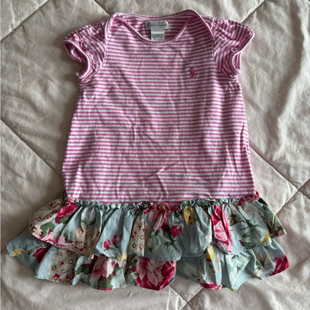Ralph Lauren Girls Striped Floral Ruffle Short Sleeve Dress Size 12M